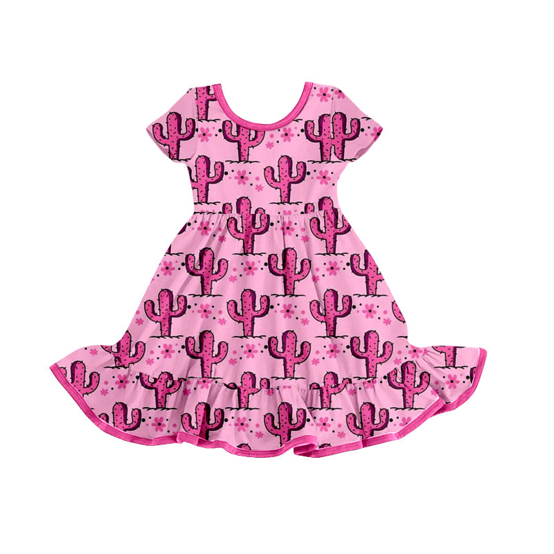 (Pre-order)GSD0789 Pink Flowers Cactus Print Girls Summer Knee Length Dress