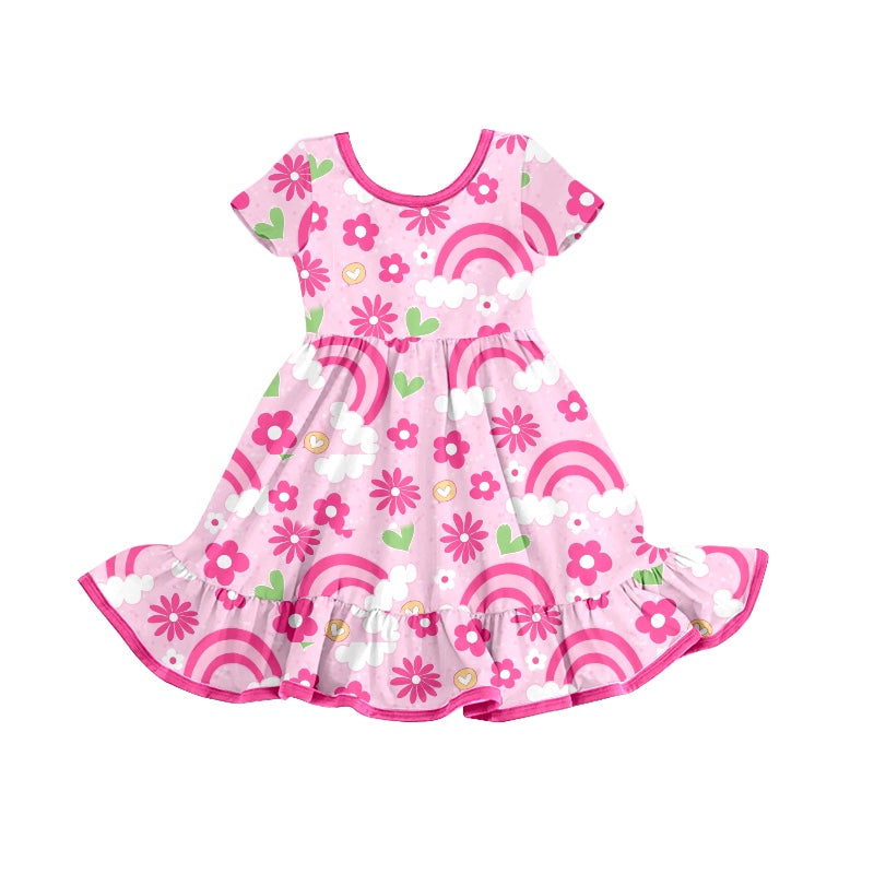 (Pre-order)GSD0790 Pink Rainbow Flowers Print Girls Summer Knee Length Dress