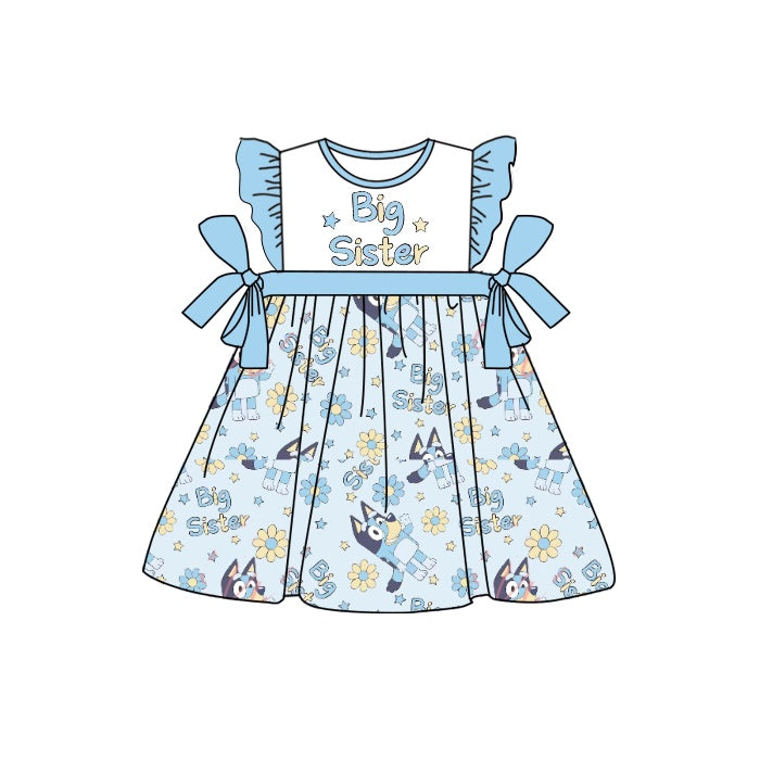(Pre-order)GSD0793 Big Sister Cartoon Dog Flowers Print Girls Summer Knee Length Dress