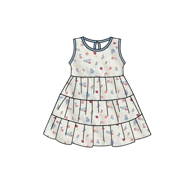 (Pre-order)GSD0798 Flowers Print Girls Summer Knee Length Dress