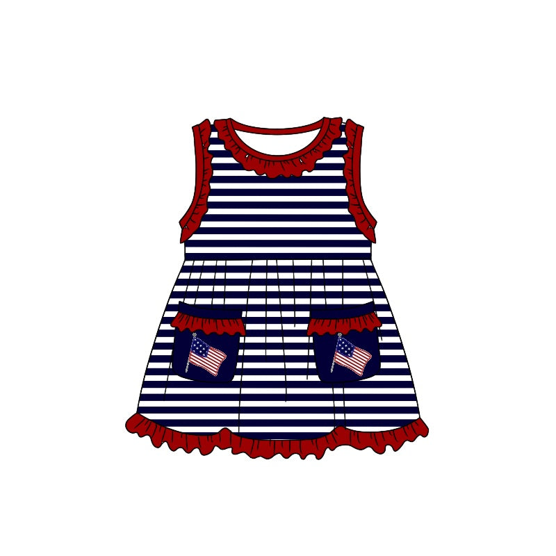 (Pre-order)GSD0844 Flag Pocket Print Girls 4th of July Knee Length Dress