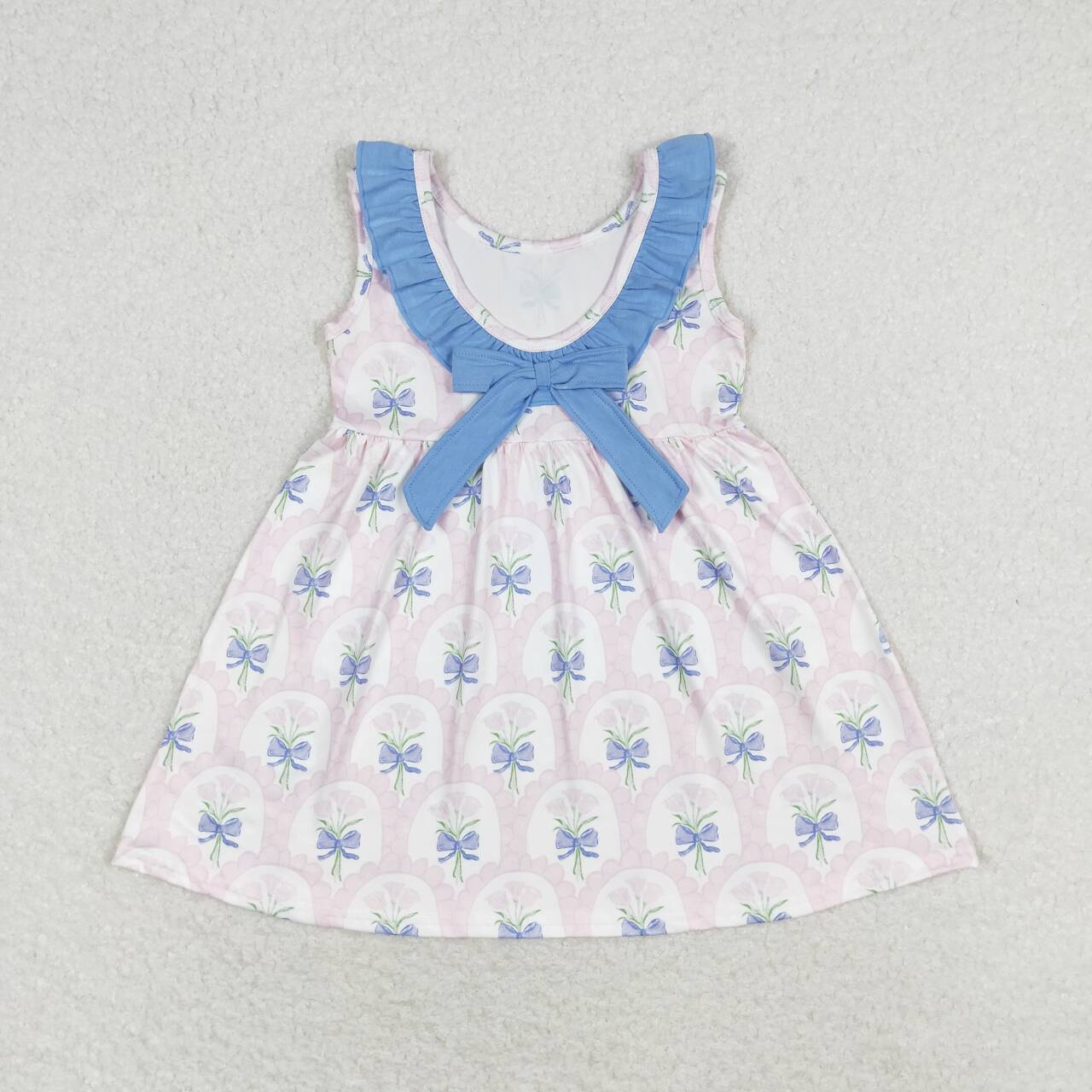 Pink Flowers Blue Bows Print Sisters Summer Matching Clothes