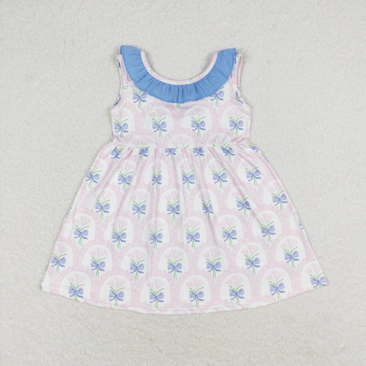 Pink Flowers Blue Bows Print Sisters Summer Matching Clothes