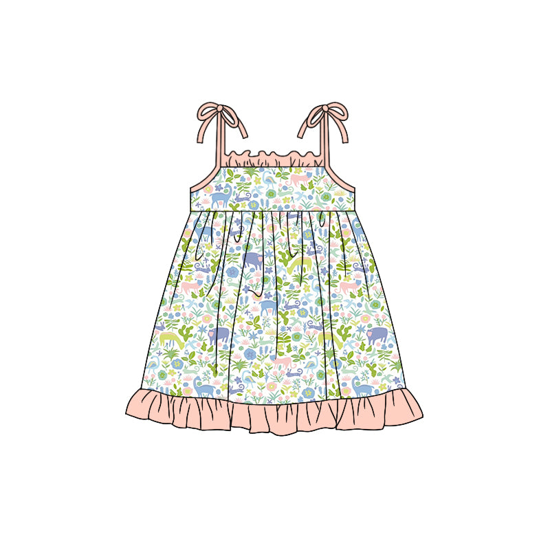 (Pre-order)GSD0926 Animals Flowers Print Girls Summer Knee Length Dress