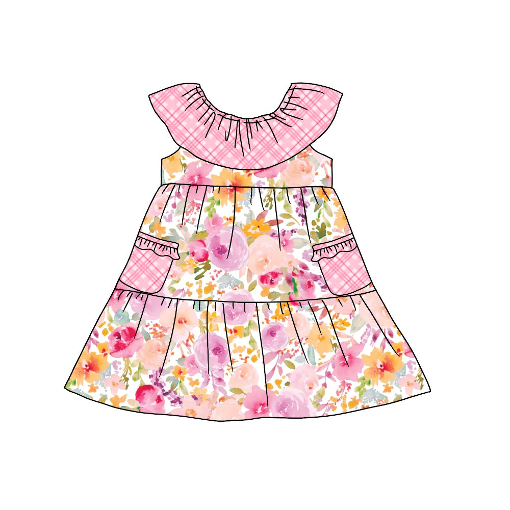 (Pre-order)GSD0937 Pink Flowers Print Pockets Girls Knee Length Summer Dress