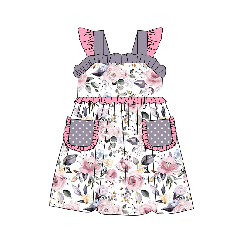 (Pre-order)GSD0939 Grey Flowers Print Pockets Girls Knee Length Summer Dress