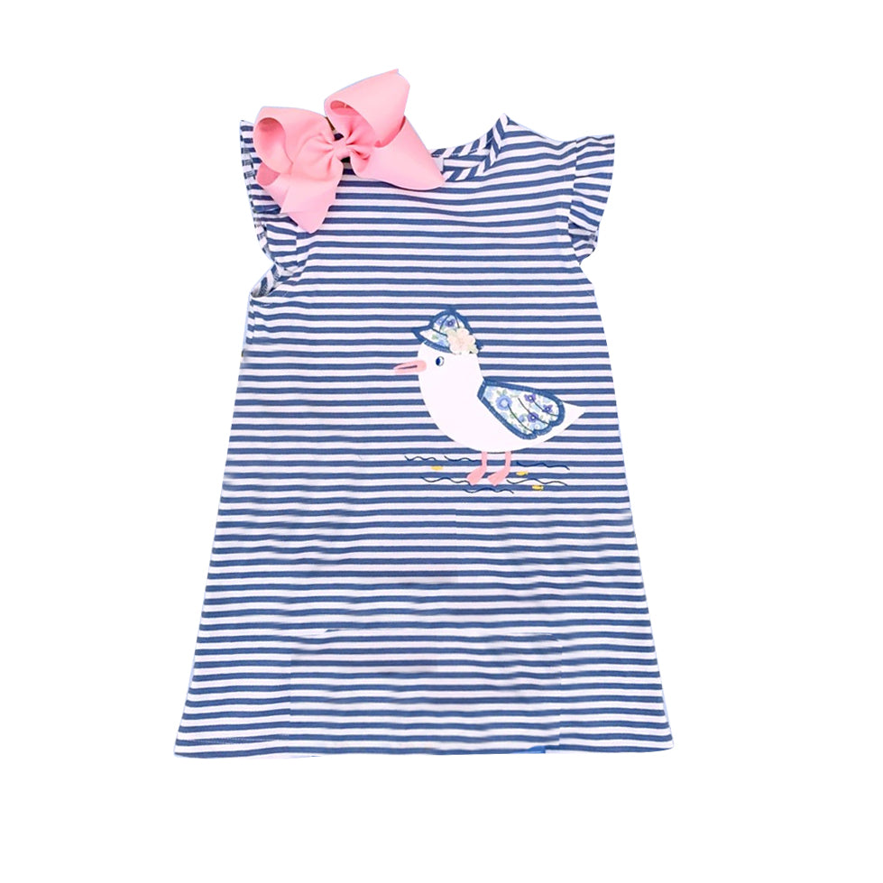 (Pre-order)GSD0951 Navy Plaid Sea Gull Print Girls Summer Knee Length Dress