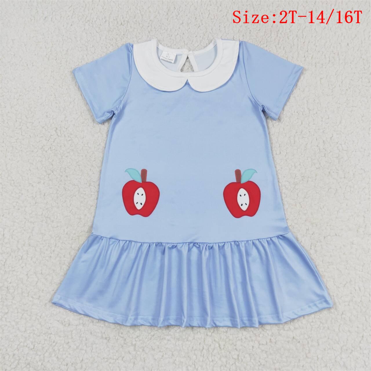GSD0953 Apple Blue Print Girls Back to School Knee Length Dress