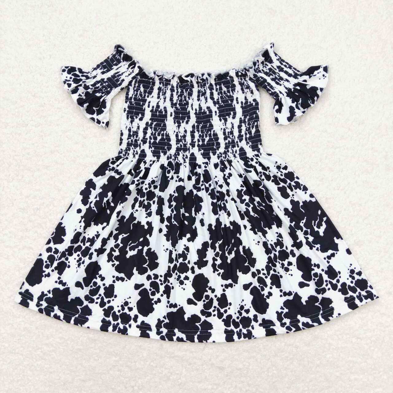 GSD0960 Cow Print Girls Summer Smocked Knee Length Dress