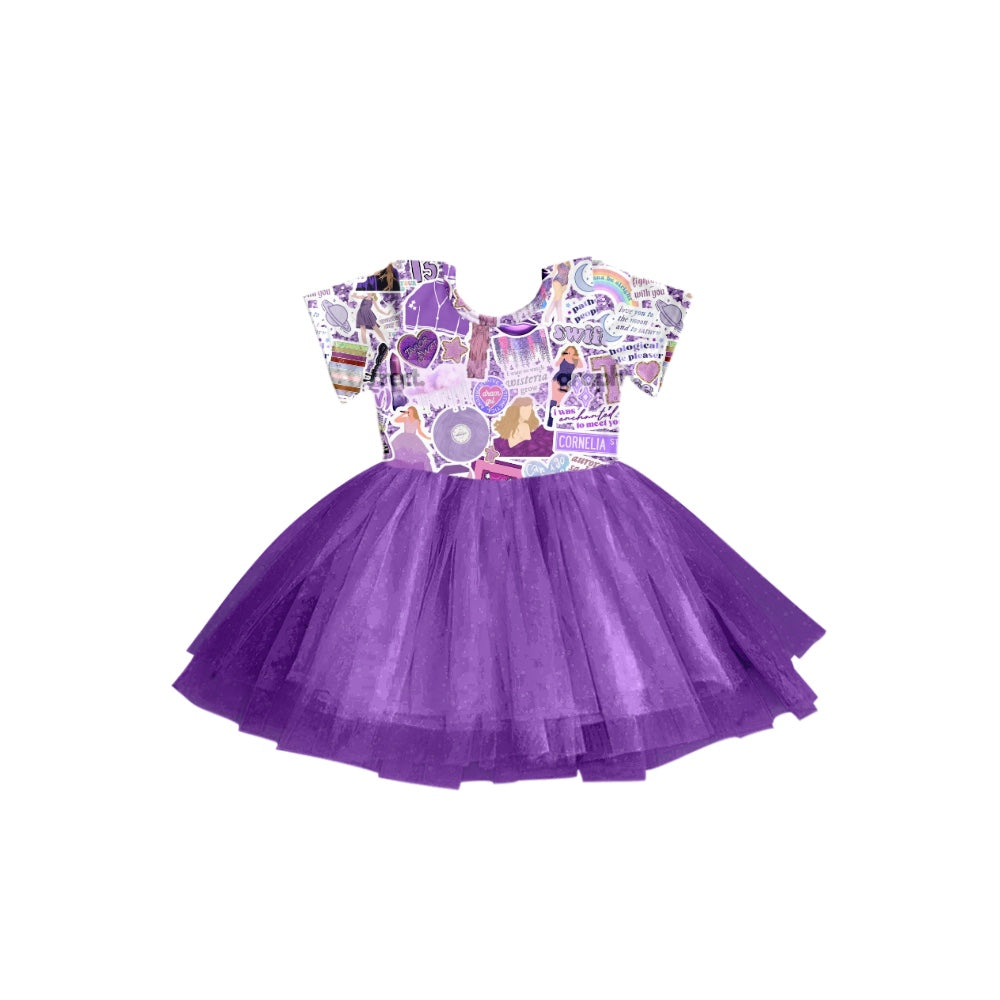 (Pre-order)GSD0982 Purple Singer Print Girls Knee Length Summer Tulle Dress