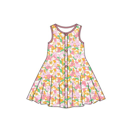 (Pre-order)GSD1003 Orange Flowers Print Girls Knee Length Summer Dress