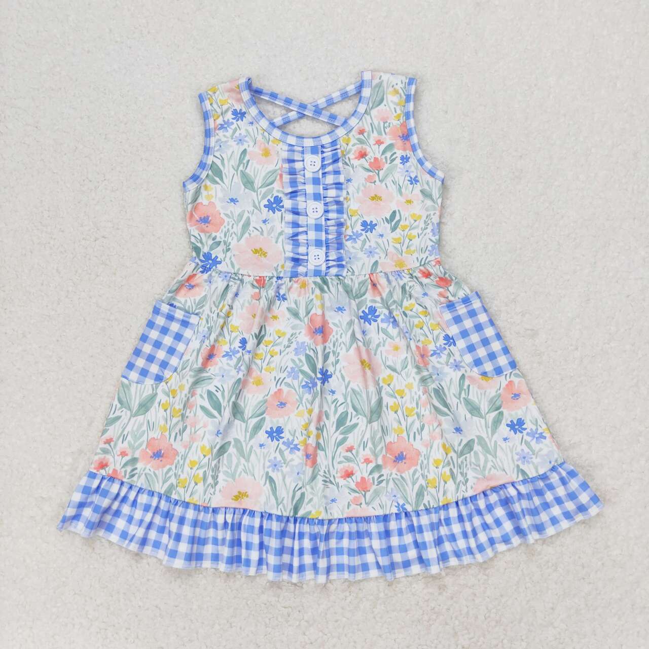 GSD1009 Flowers Print Pockets Girls Knee Length Summer Dress