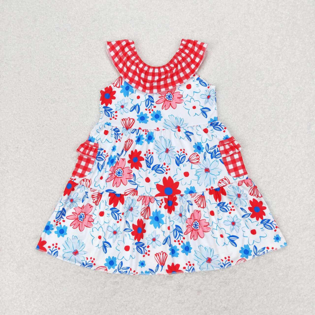 GSD1013 Flowers Print Pockets Girls Knee Length 4th of July Dress