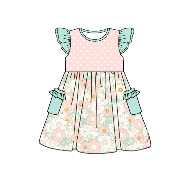 (Pre-order)GSD1016 Pink Flowers Print Pockets Girls Knee Length Summer Dress