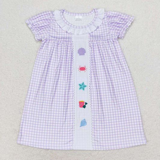 GSD1021  Beach Shell Crab Embroidery Plaid Print Girls Knee Length Summer Dress