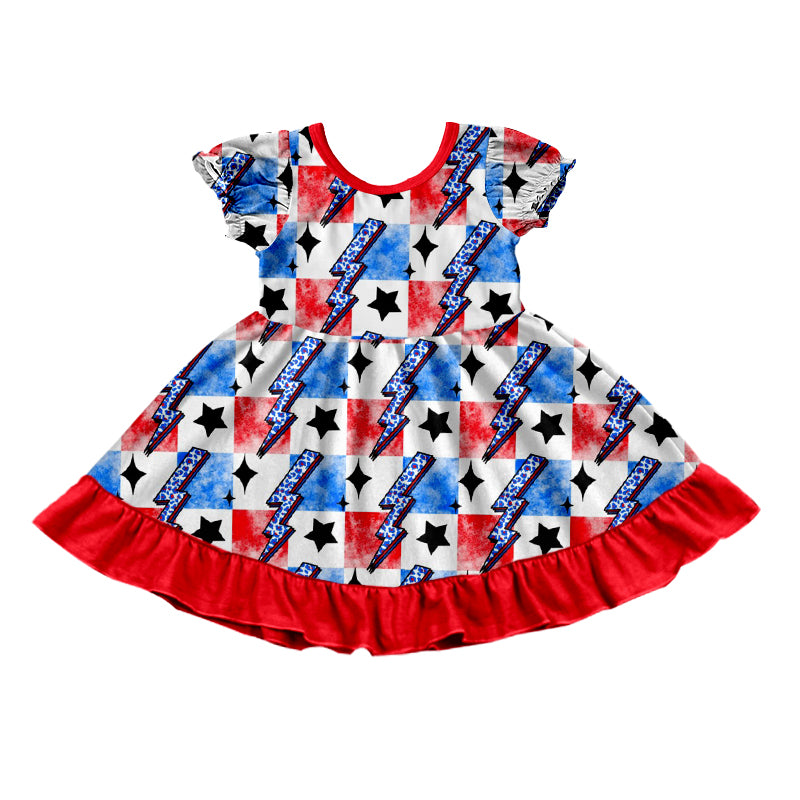 (Pre-order)GSD1029 Flash Stars Red Blue Plaid Print Girls Knee Length 4th of July Dress