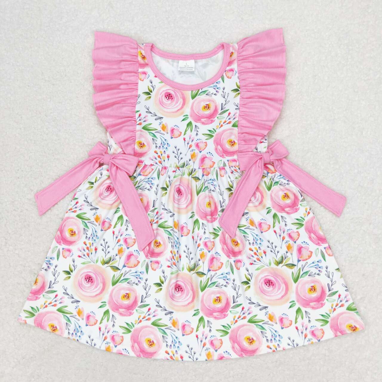 GSD1070 Pink Flowers Print Girls Knee Length Summer Dress