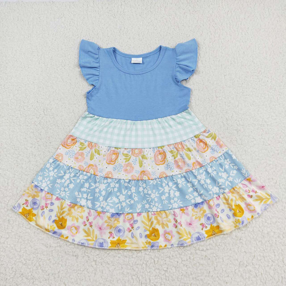 Flowers Print Girls Flutter Sleeve Summer Knee Length Dress Sisters Wear