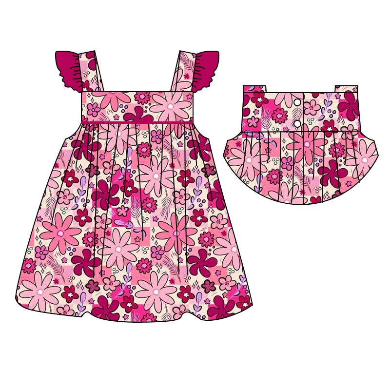 (Pre-order)GSD1075 Flowers Print Girls Knee Length Summer Dress