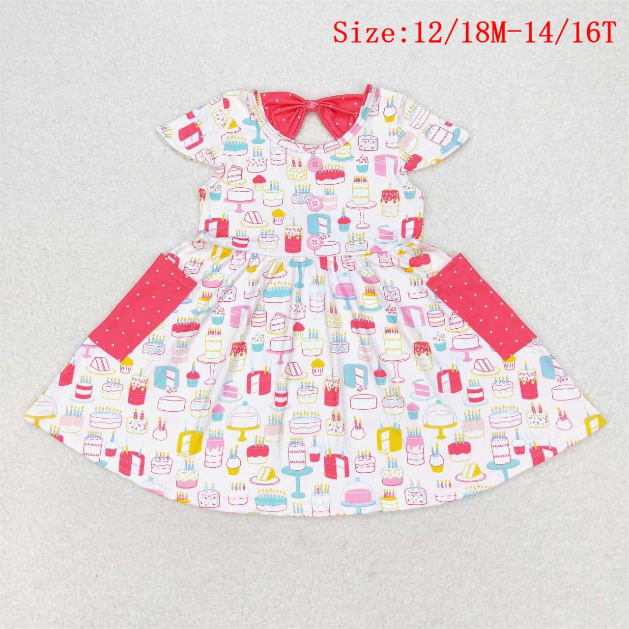 GSD1082 Pink Cake Print Pockets Girls Knee Length Summer Happy Birthday Dress