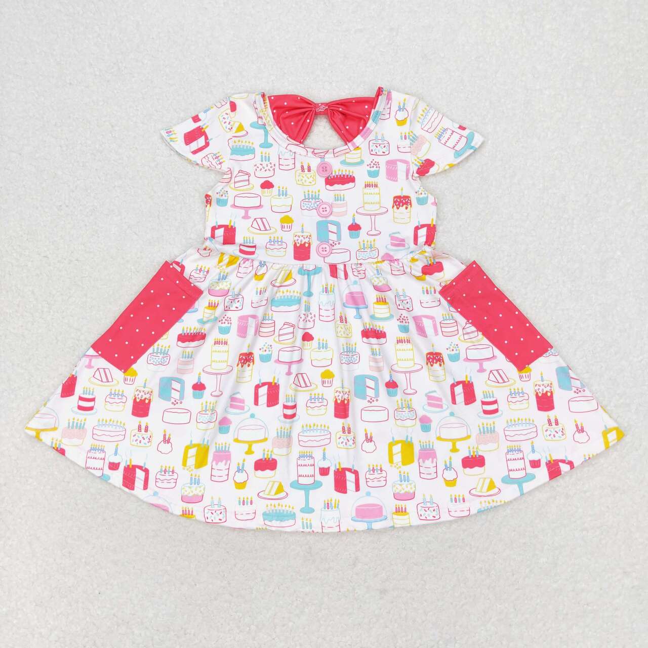 GSD1082 Pink Cake Print Pockets Girls Knee Length Summer Happy Birthday Dress