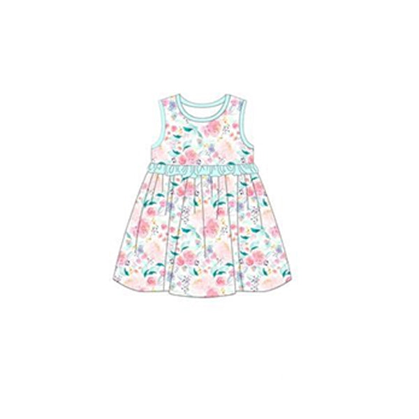 (Pre-order)GSD1083 Flowers Print Girls Knee Length Summer Dress