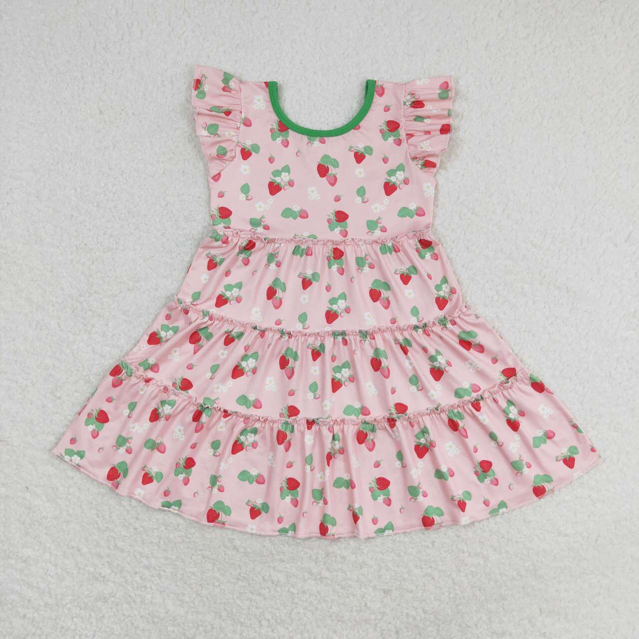 GSD1087 Strawberry Flowers Print Girls Knee Length Summer Dress