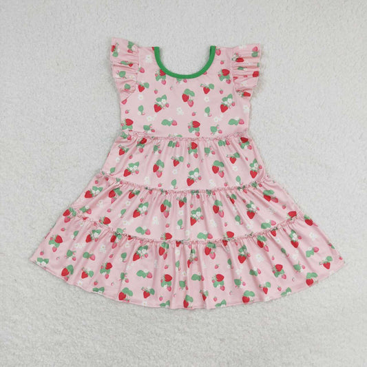 GSD1087  Strawberry Flowers Print Girls Knee Length Summer Dress