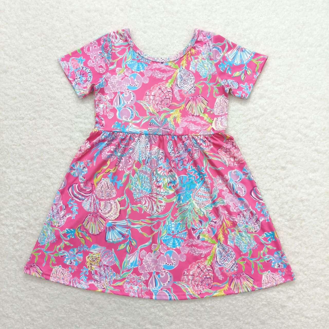 GSD1115 Hot Pink Shell Seaweed Print Girls Knee Length Summer Dress