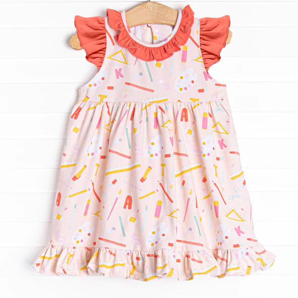 (Pre-order)GSD1123 Pen Ruler Print Girls Knee Length Back to School Dress
