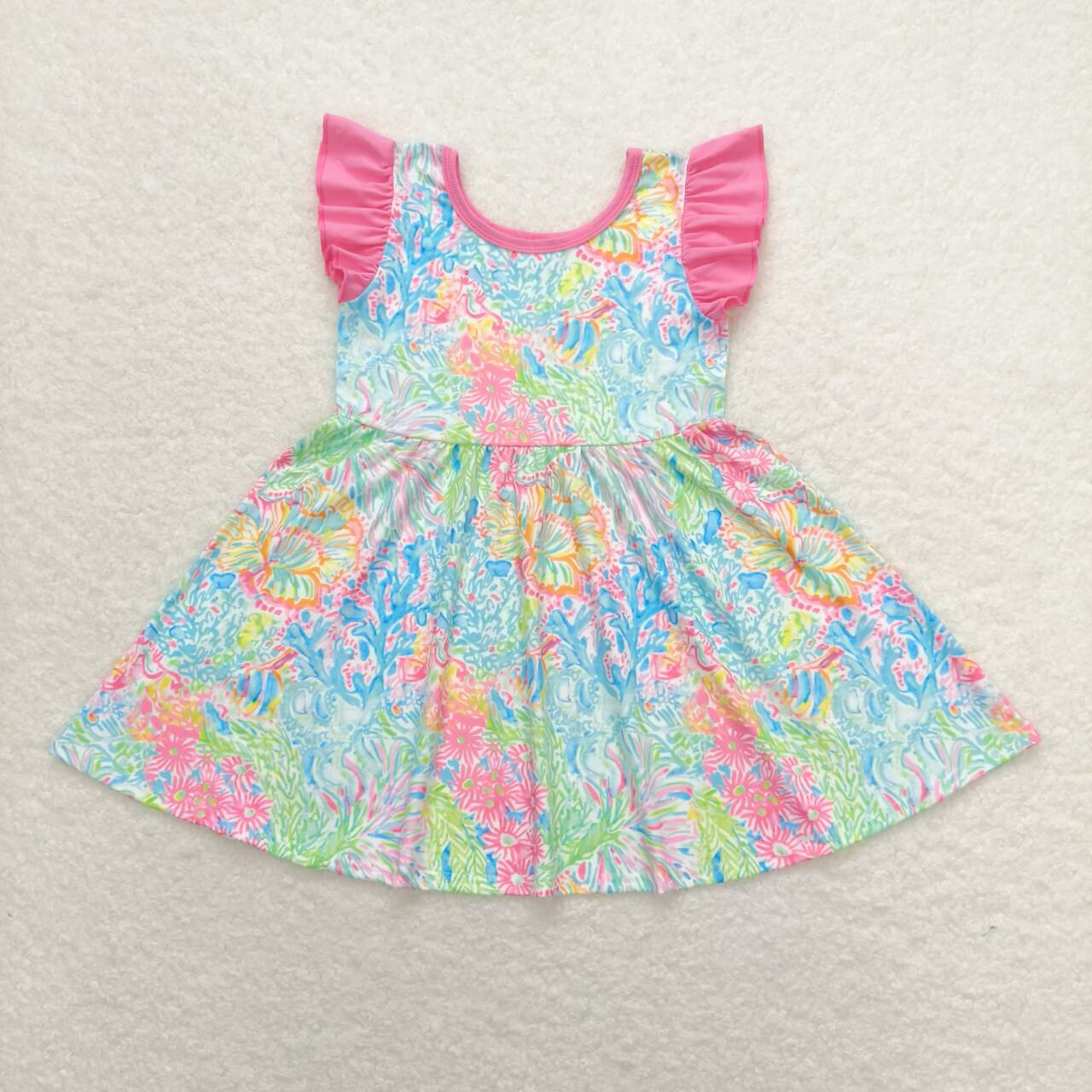 GSD1137 Colorful Water Seaweed Flowers Print Girls Knee Length Summer Dress