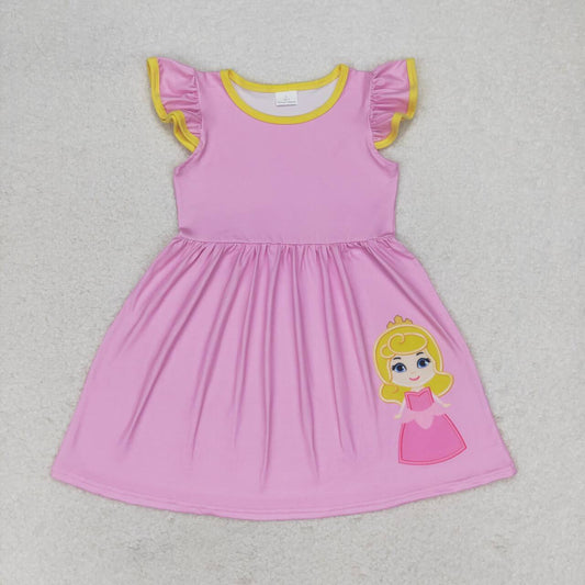 GSD1146  Cartoon Princess Pink Print Girls Knee Length Summer Dress