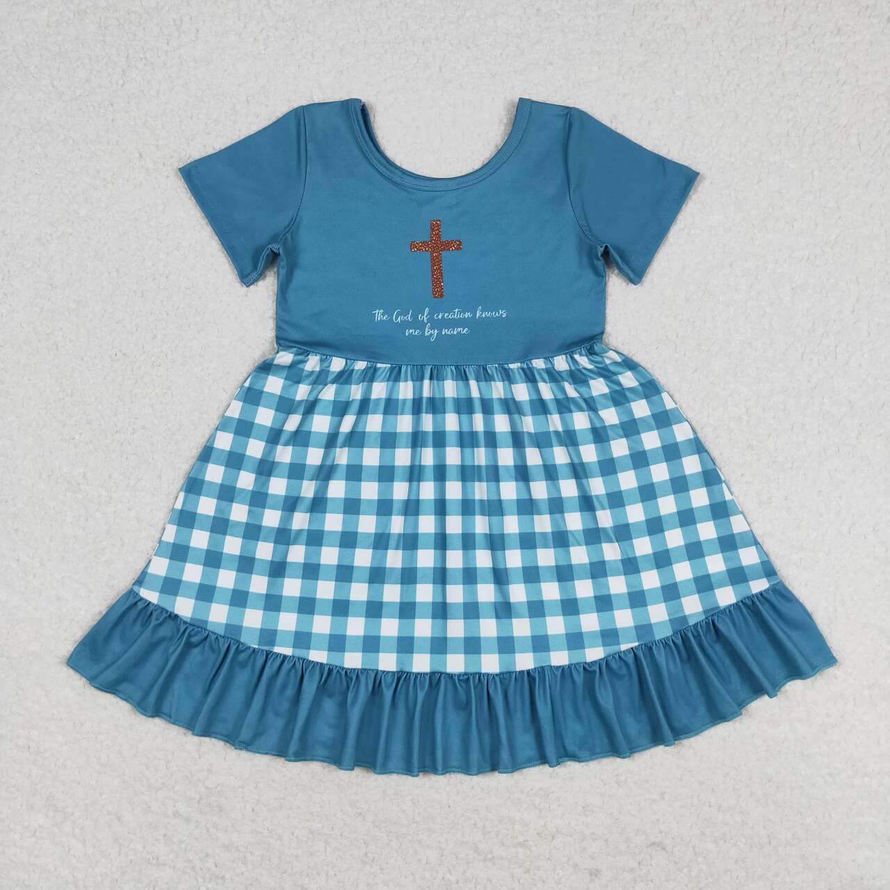 GSD1157 Green Cross Print Girls Knee Length Summer Dress