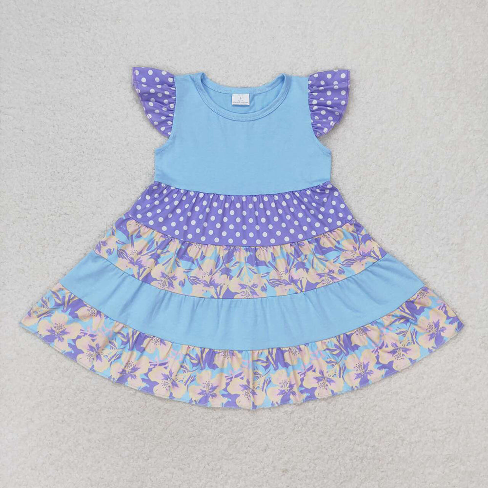 Flowers Print Girls Flutter Sleeve Summer Knee Length Dress Sisters Wear
