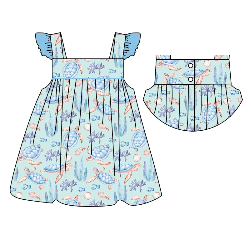 (Pre-order)GSD1211  Sea Turtle Print Girls Knee Length Summer Dress