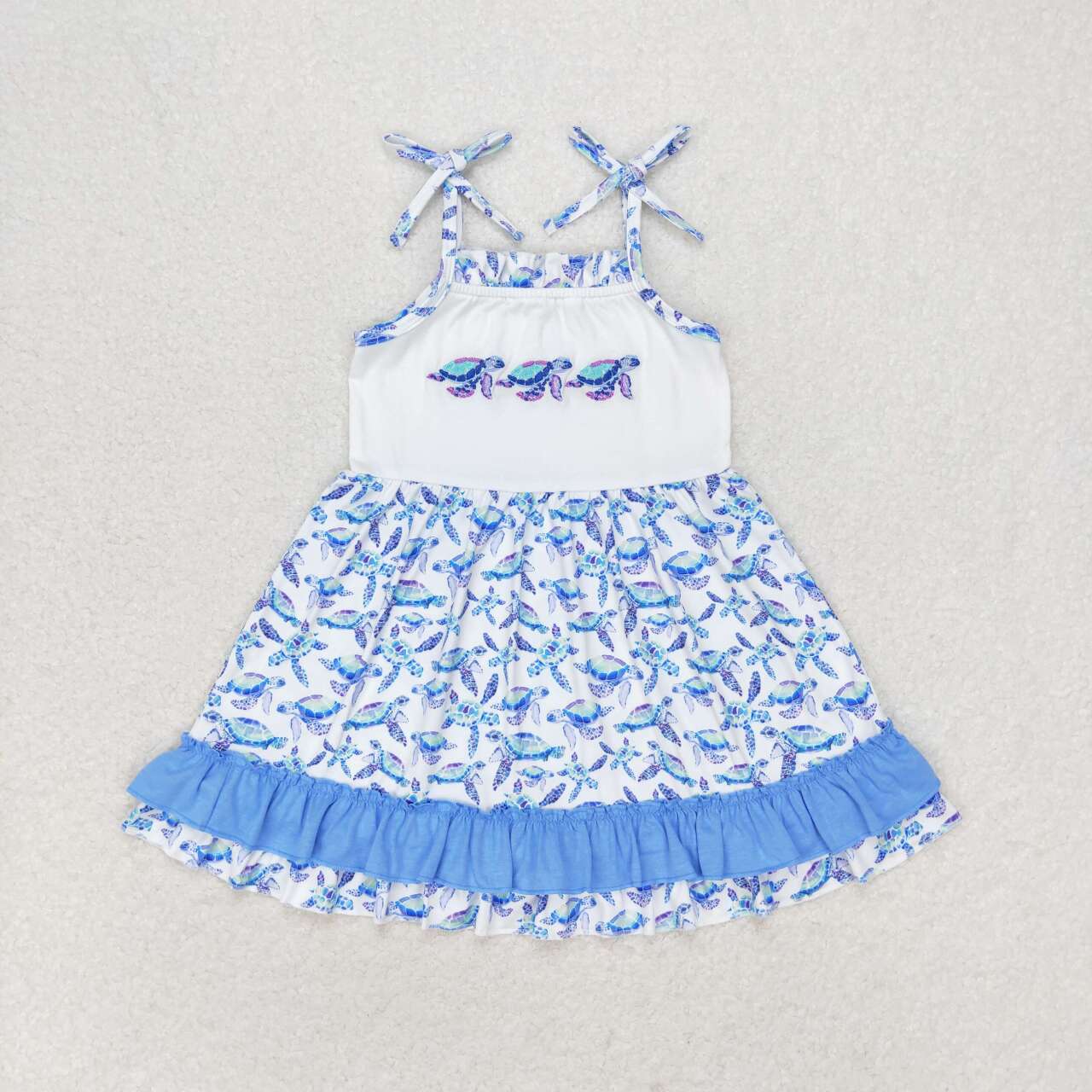 Sea Turtle Embroidery Blue Print Sibling Summer Matching Clothes