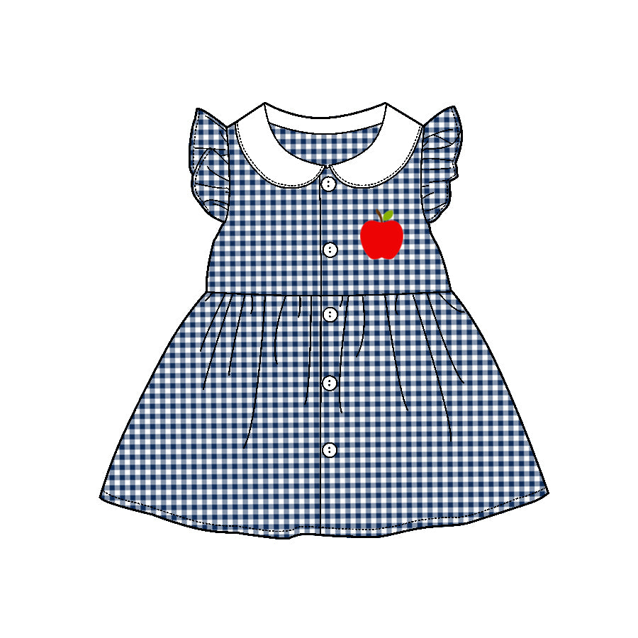 (Custom Design Preorder MOQ 5) Apple Navy Plaid Print Girls Knee Length Summer Dress