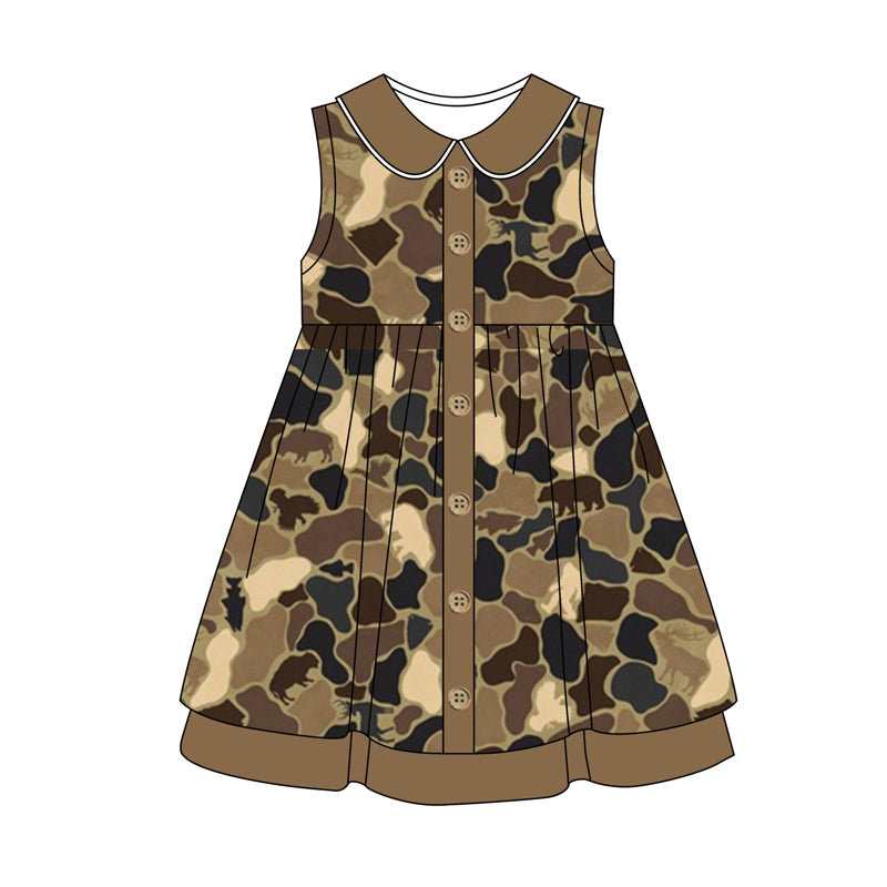 (Pre-order)GSD1244 Brown Camo Hunting Print Girls Knee Length Summer Dress
