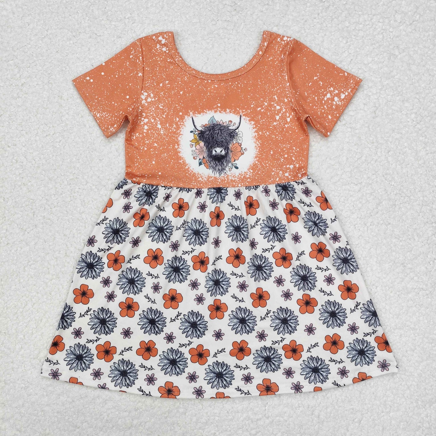 GSD1253 Highland Cow Flowers Print Girls Western Knee Length Dress