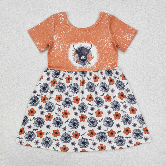 GSD1253 Highland Cow Flowers Print Girls Western Knee Length Dress