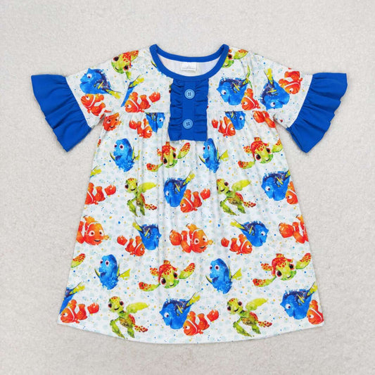 GSD1312 Cartoon Fish Print Girls Knee Length Summer Dress