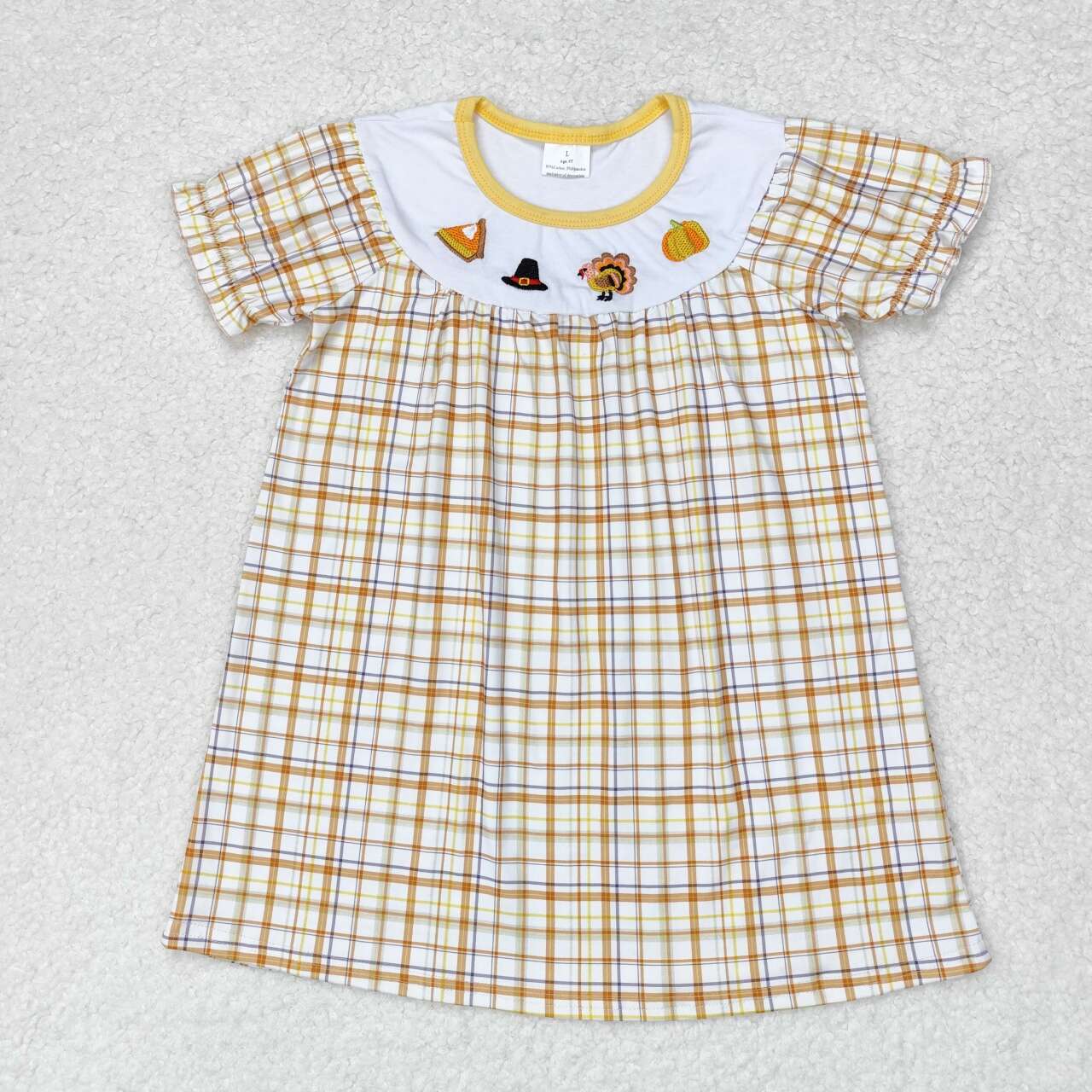 GSD1322 Turkey Embroidery Plaid Print Girls Thanksgiving Knee Length Dress