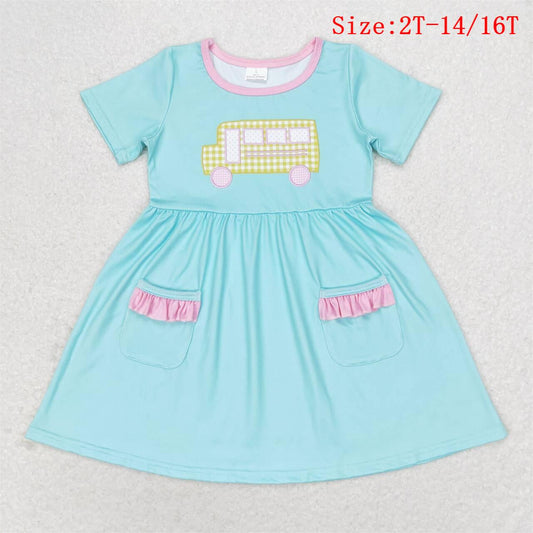 GSD1341 School Bus Print Girls Knee Length Back to School Pockets Dress
