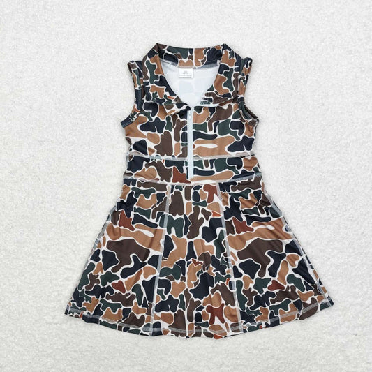 GSD1382 Brown Camo Print Girls Knee Length Zipper Yoga Dress