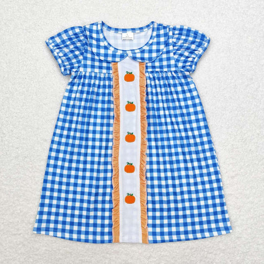 GSD1412 Pumpkin Embroidery Blue Plaid Print Girls Knee Length Fall Dress