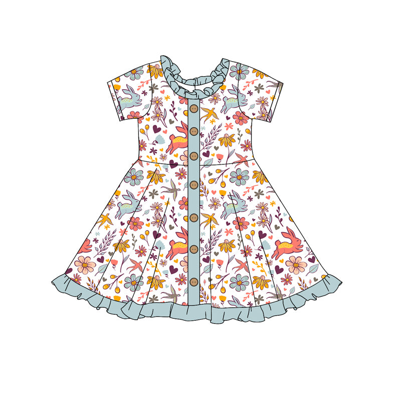 (Pre-order)GSD1445 Bunny Flowers Print Girls Easter Knee Length Dress