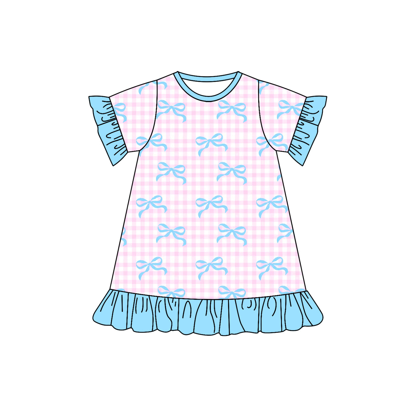 (Pre-order)GSD1448 Blue Bows Pink Plaid Print Girls Knee Length Dress