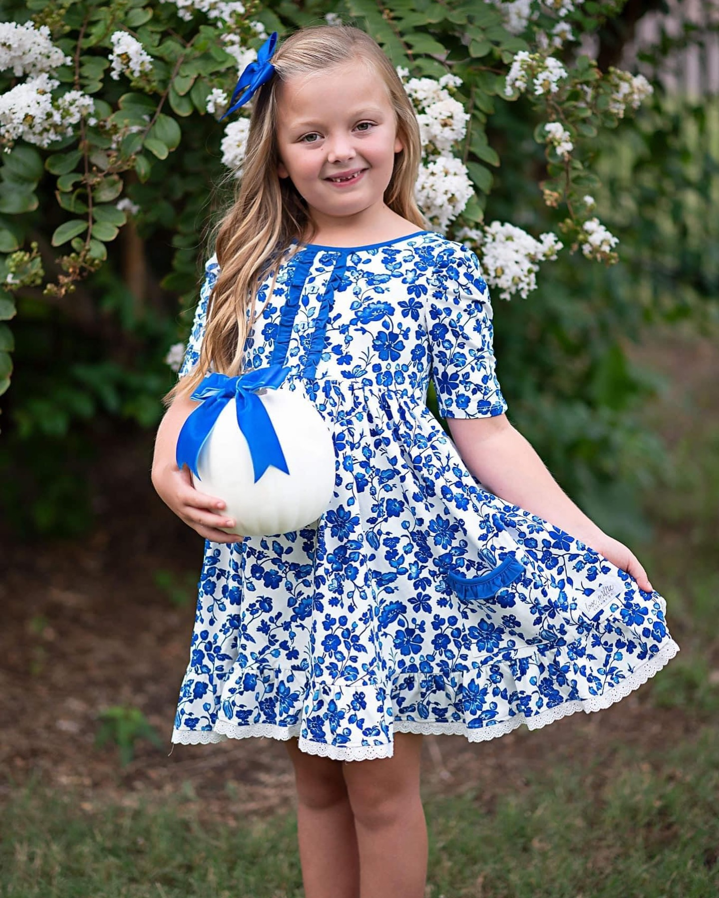 (Pre-order)GSD1455 Blue Flowers Print Girls Knee Length Dress