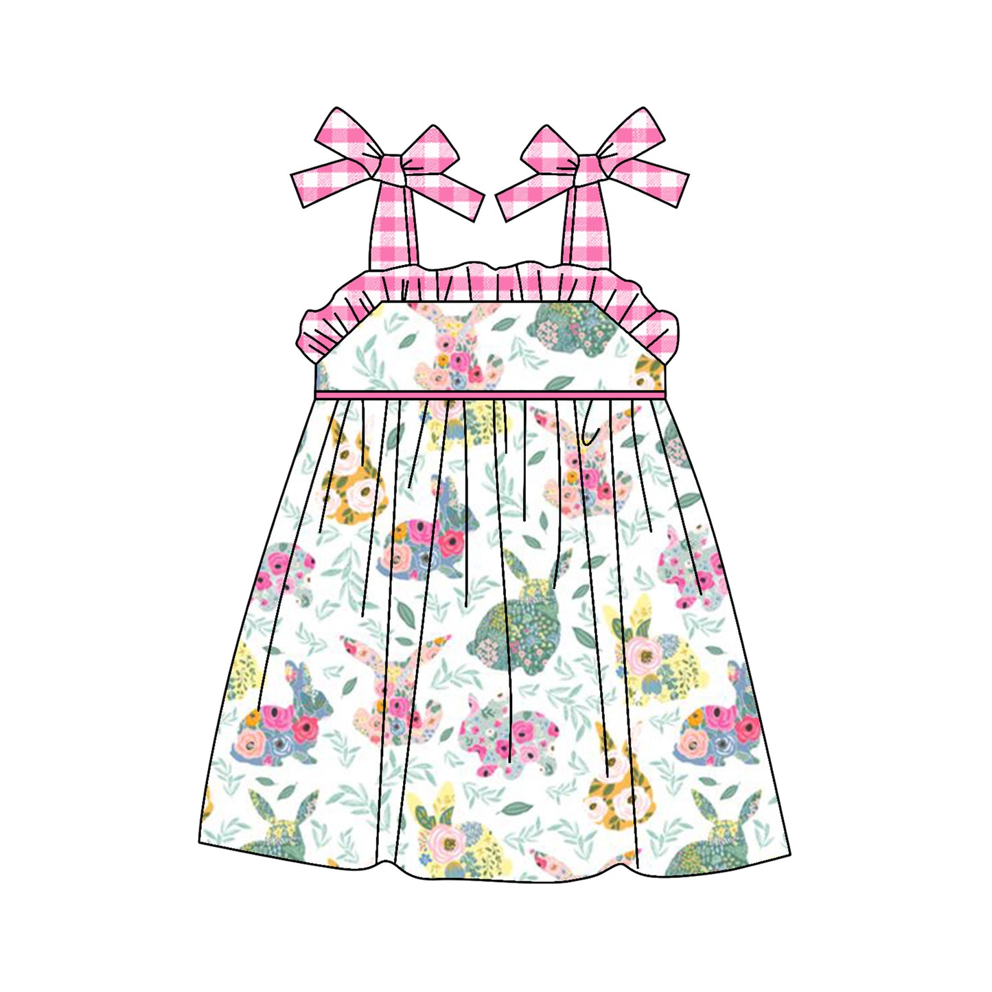 (Pre-order)GSD1460 Flowers Bunny Print Girls Easter Knee Length Dress