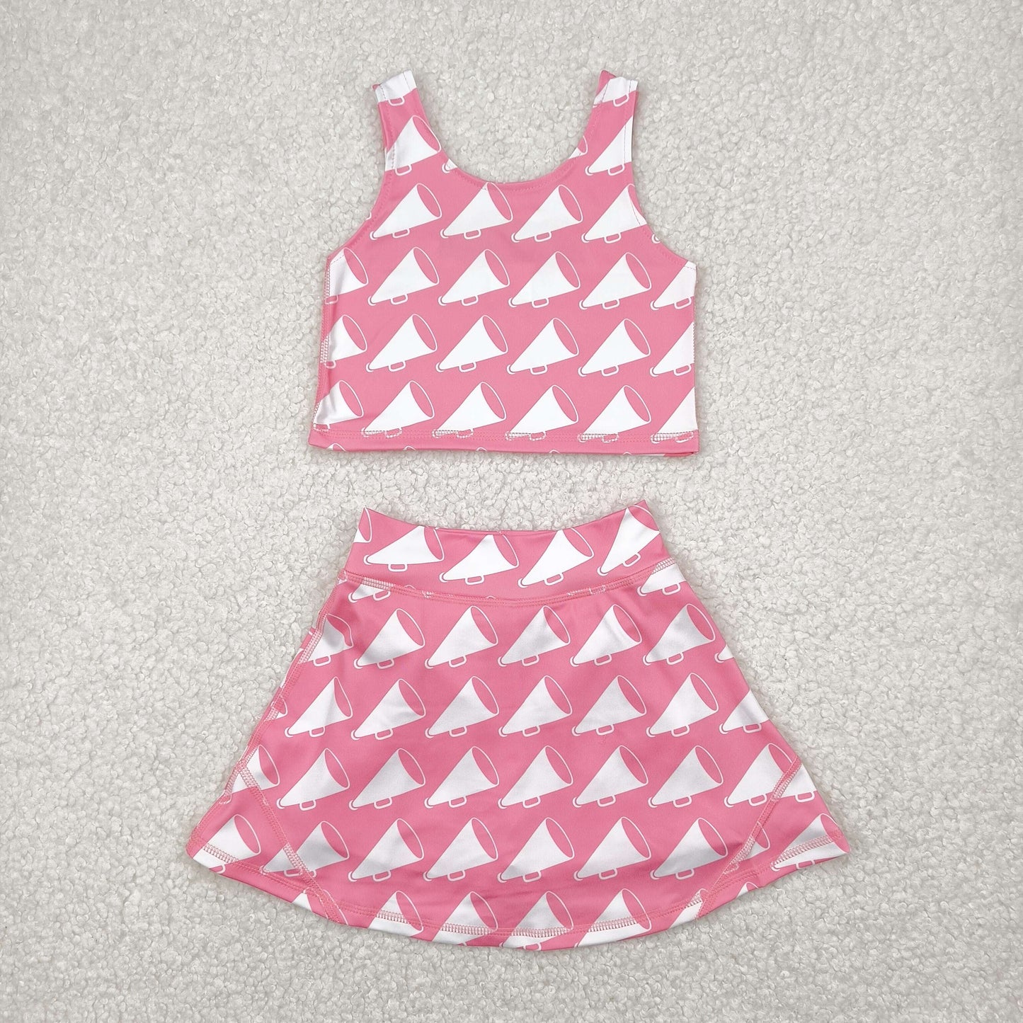GSD1467 Cheer Pink Print Skirts With Shorts Girls Summer Yoga Clothes Set